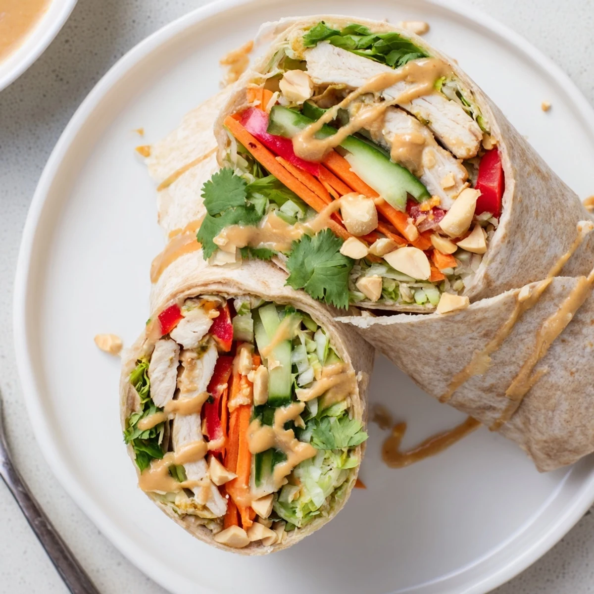 Golden sliced chicken layered with crisp colorful vegetables and creamy Thai peanut sauce inside a flour tortilla wrap