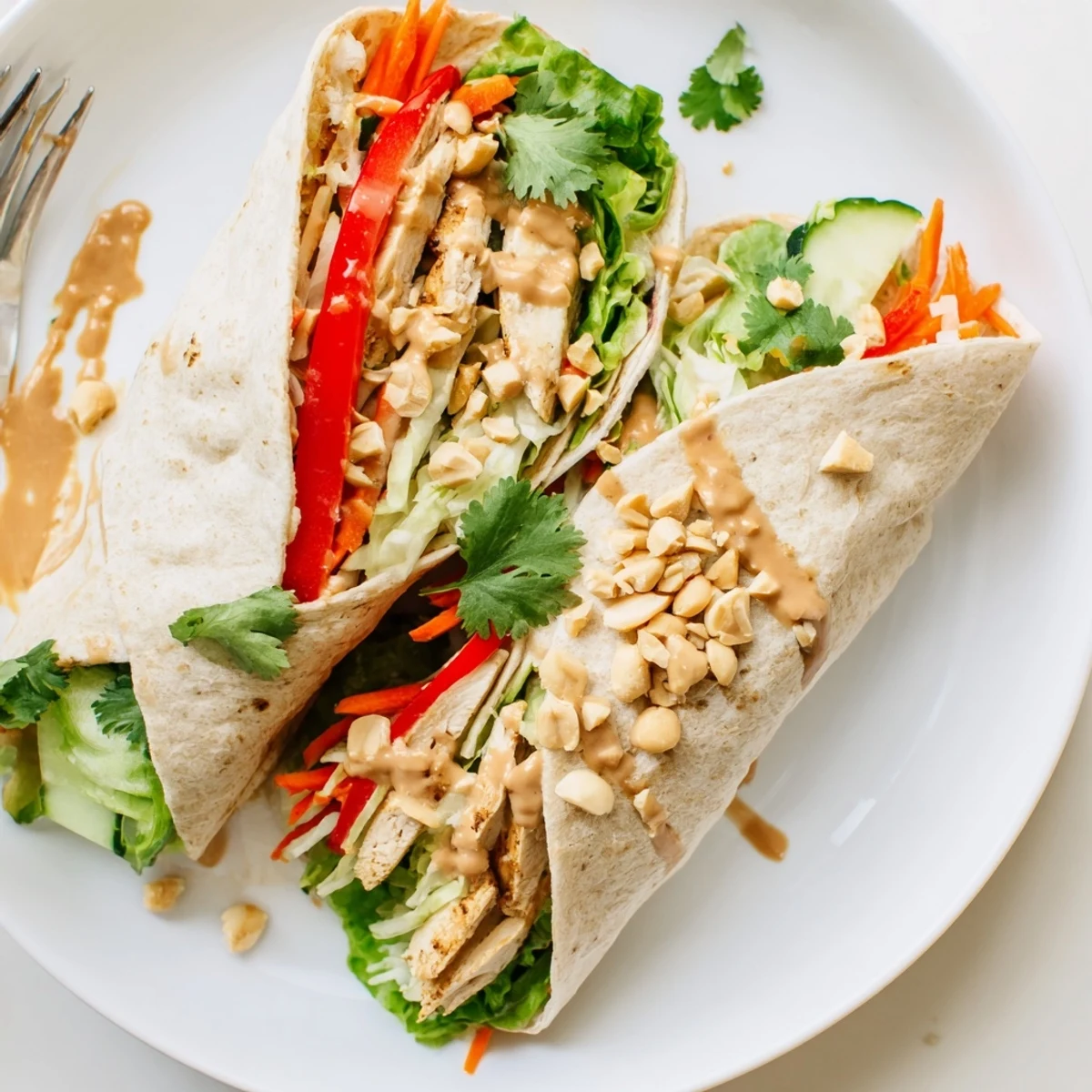 Flour tortilla rolled around marinated grilled chicken fresh cilantro crunchy vegetables and savory Thai peanut sauce