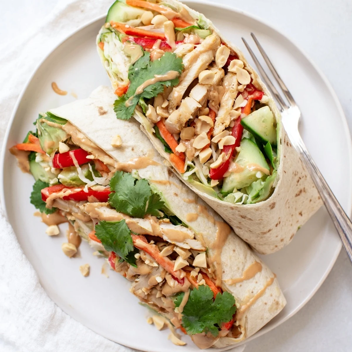 Thai peanut chicken wraps stuffed with shredded carrots peppers cucumbers and drizzled with rich peanut dressing