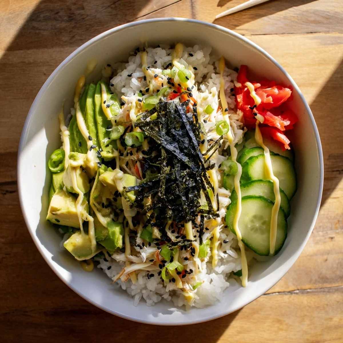 Deconstructed California roll sushi bowl topped with spicy mayo and sesame seeds