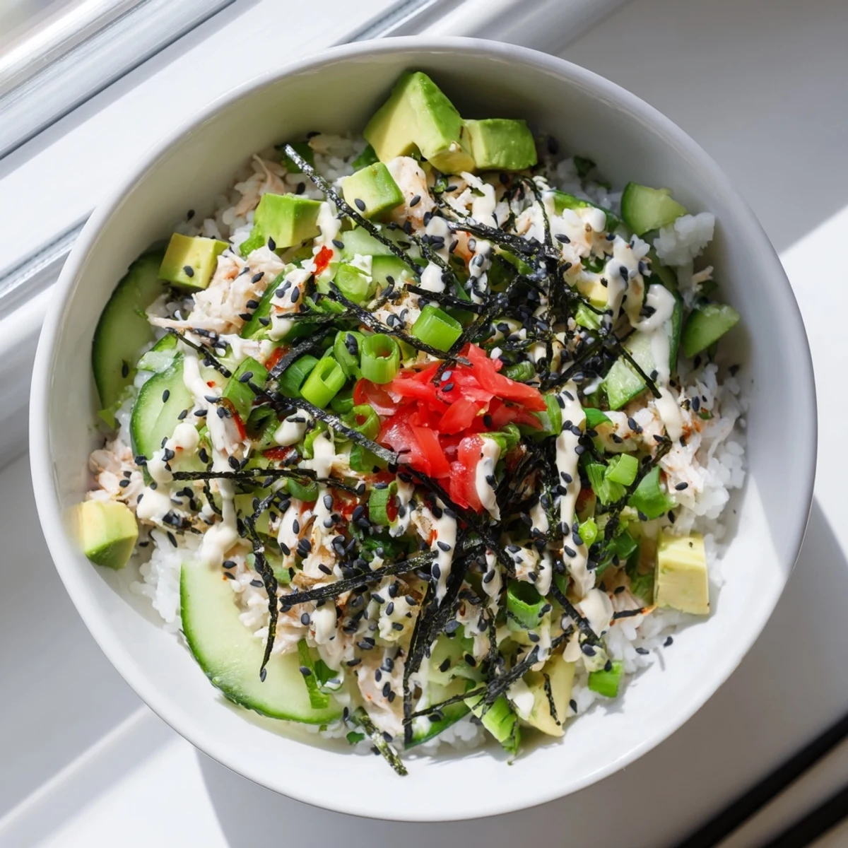 Fresh California roll sushi bowl with imitation crab, nori strips, and pickled ginger