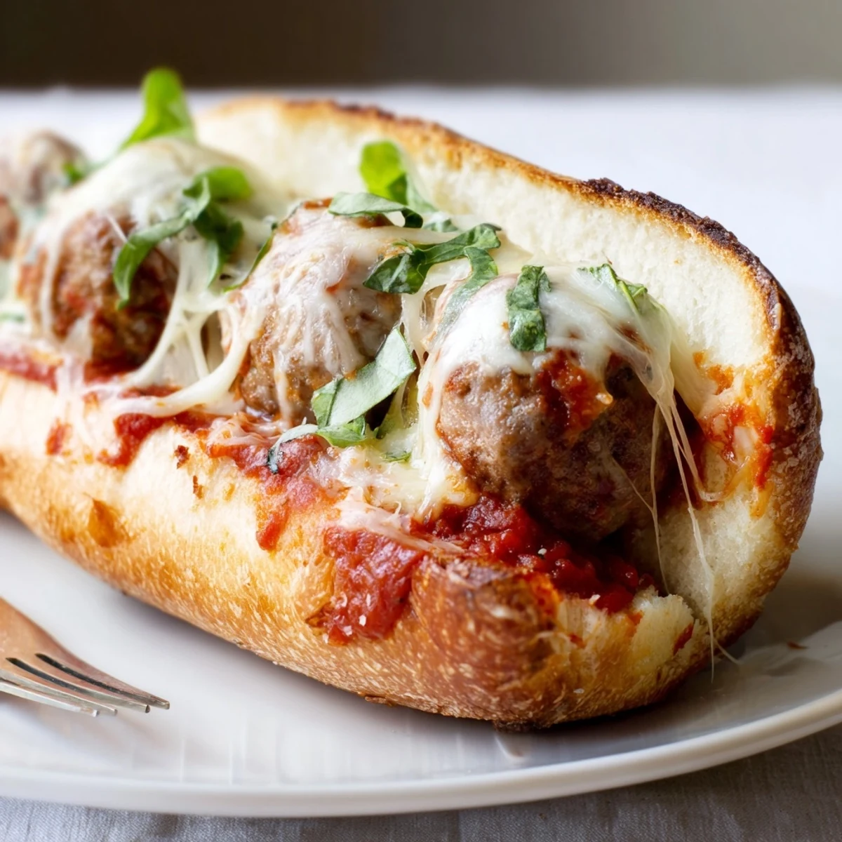 Warm Cheesy Meatball Subs piled with parsley, fragrant tomato sauce, golden edges