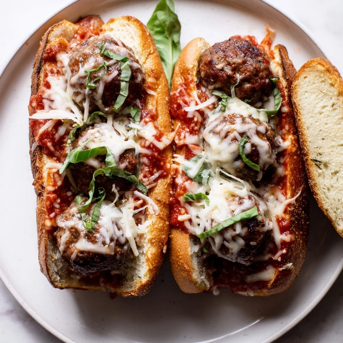 Cheesy Meatball Subs with bubbling mozzarella, saucy meatballs in toasted rolls