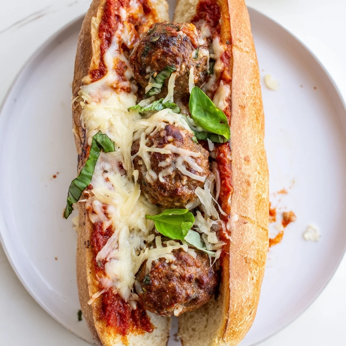 Oven-broiled Cheesy Meatball Subs served hot with crisp salad or chips