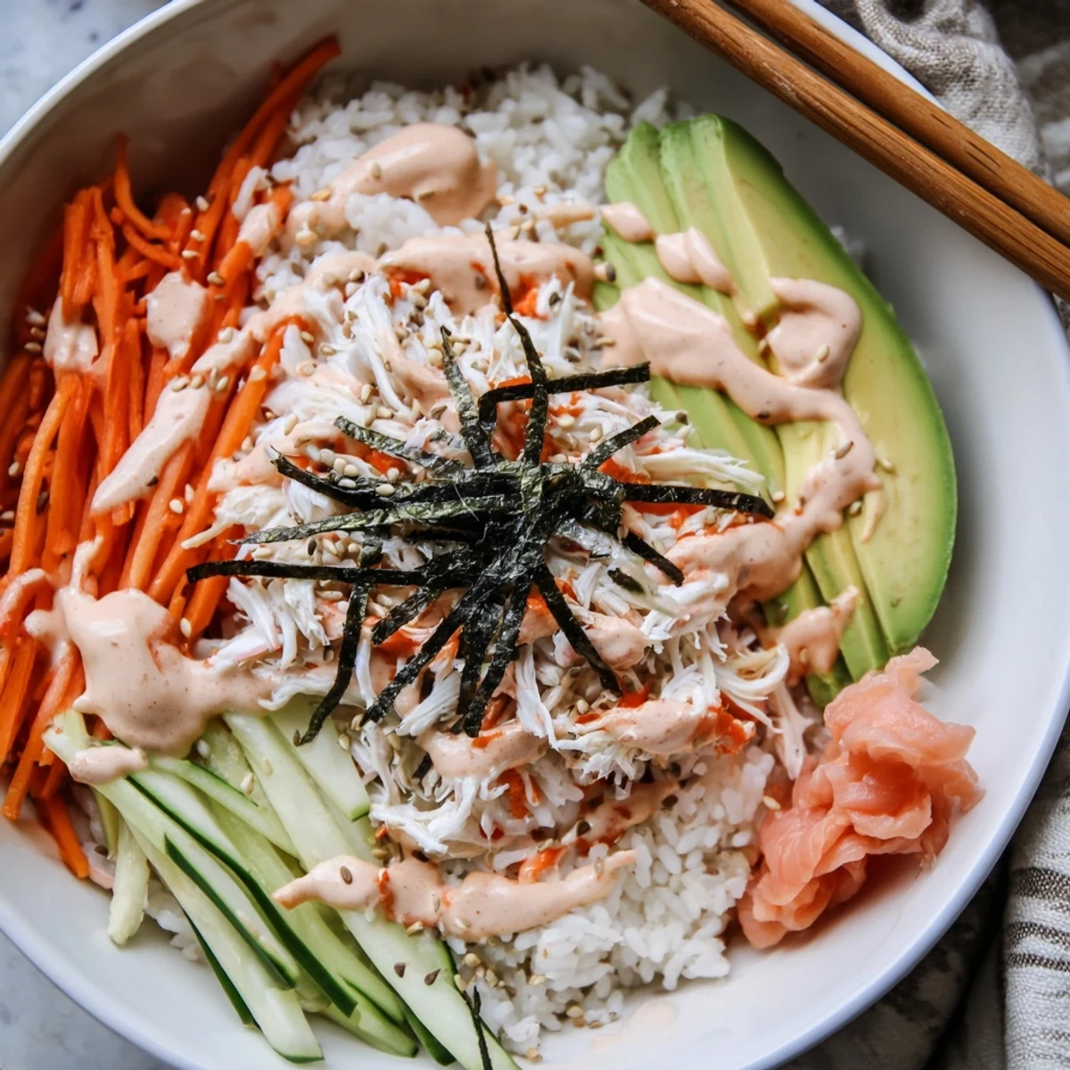 California Roll Sushi Bowls with creamy avocado, shredded crab, sesame, and soy