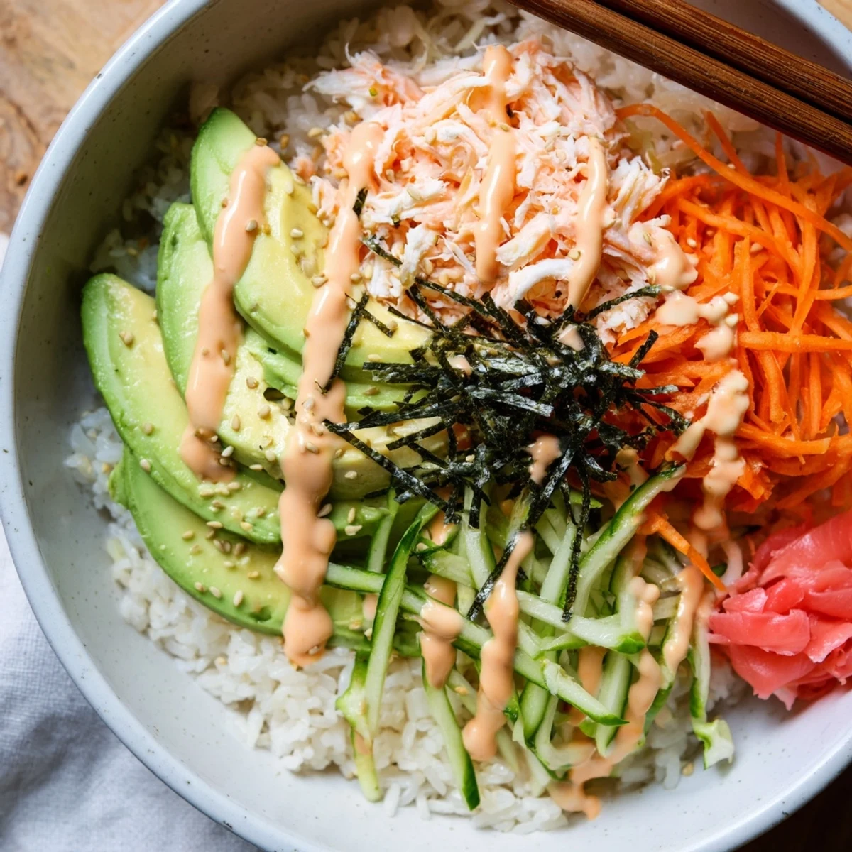 Deconstructed California Roll Sushi Bowls with crisp cucumber, pickled ginger, toasted sesame