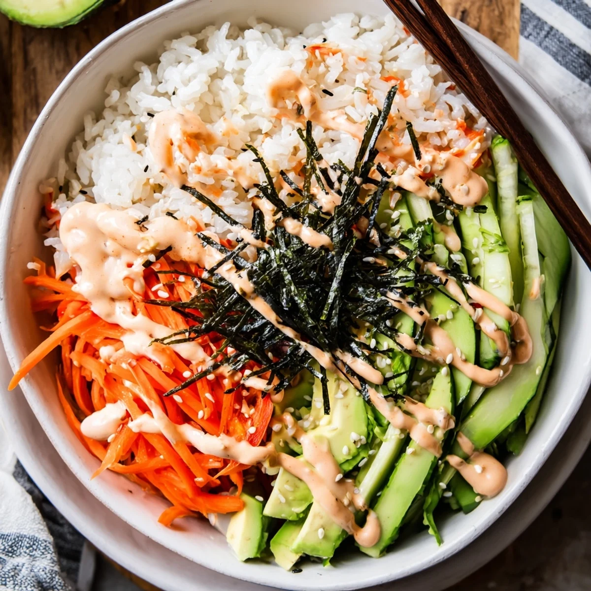 Bright California Roll Sushi Bowls served on rice with spicy mayo drizzle
