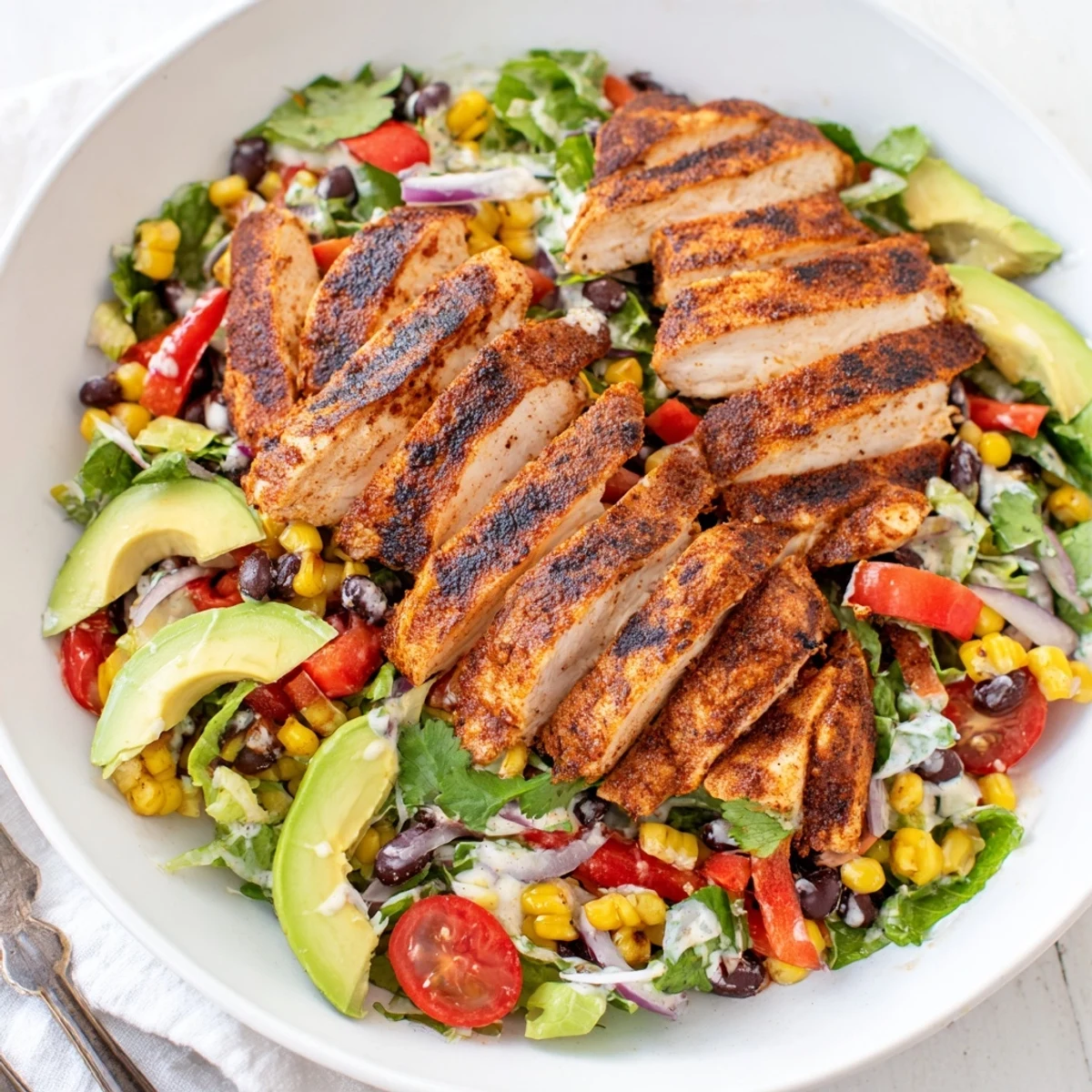 Grilled, juicy Southwestern Chicken Salad with roasted corn, creamy avocado, zesty dressing.