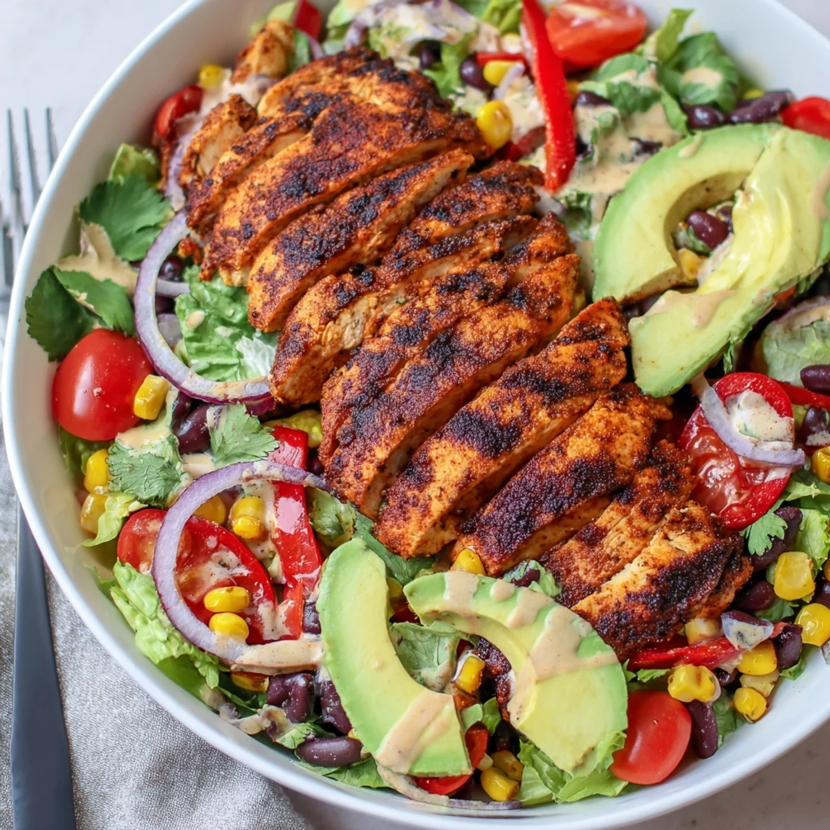 Hearty Southwestern Chicken Salad topped with sliced grilled chicken, cilantro, cheddar.