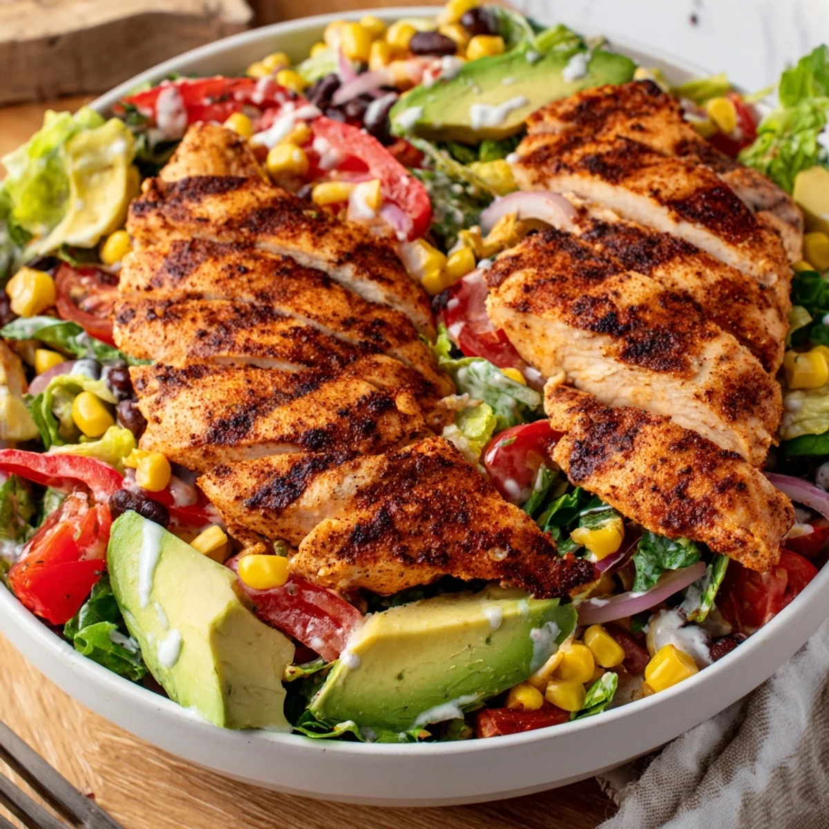 Bright Southwestern Chicken Salad served with lime wedge, smoky spice, crisp greens.