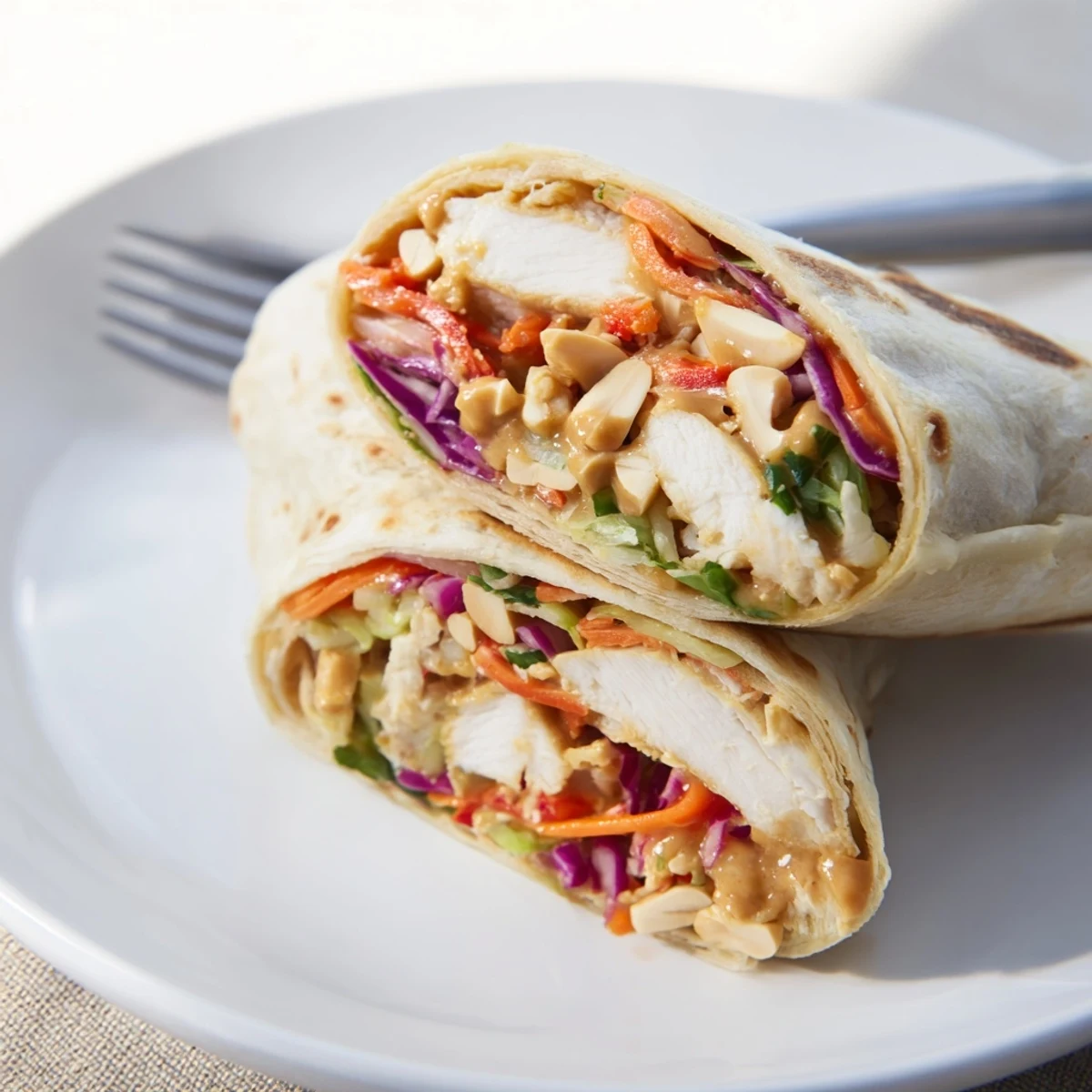 Thai Peanut Chicken Wraps with tender strips, crunchy veggies, and creamy sauce