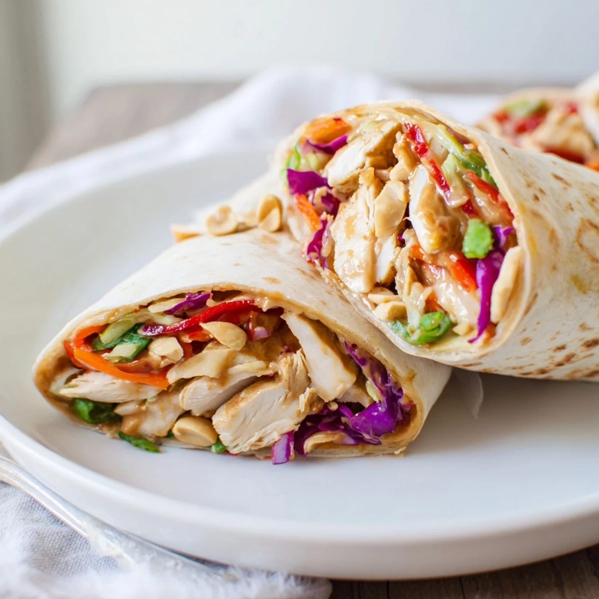 Warm Thai Peanut Chicken Wraps sliced in half, served with lime wedge