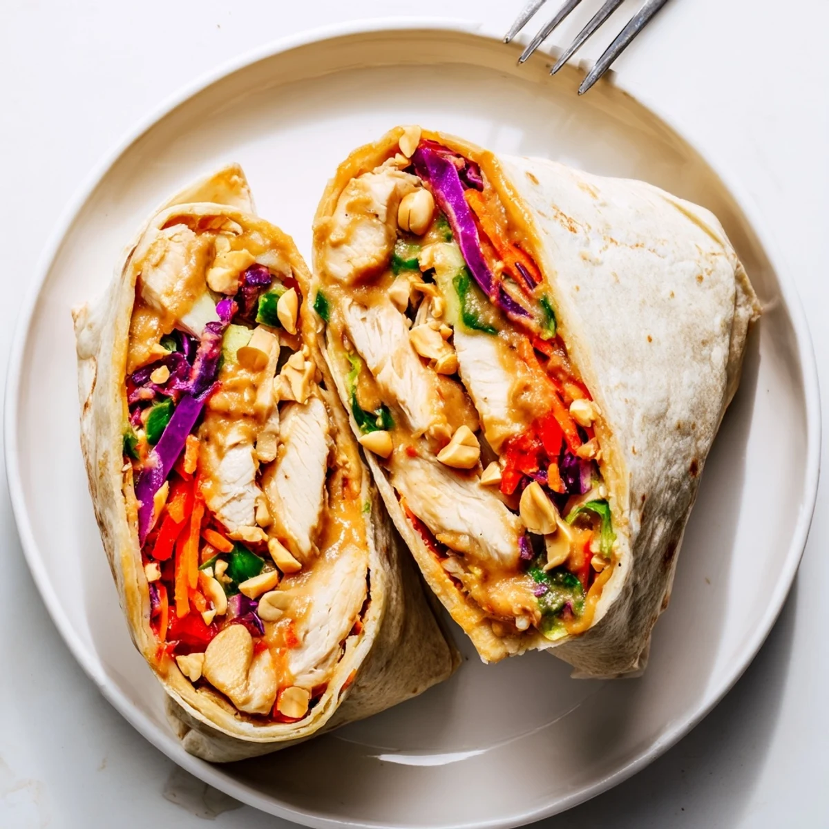 Pan-seared Thai Peanut Chicken Wraps piled on plate, fragrant cilantro and peanuts