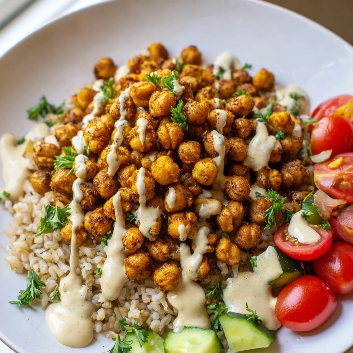 Golden crispy chickpea shawarma bowl drizzled with creamy tahini over fresh greens and colorful vegetables