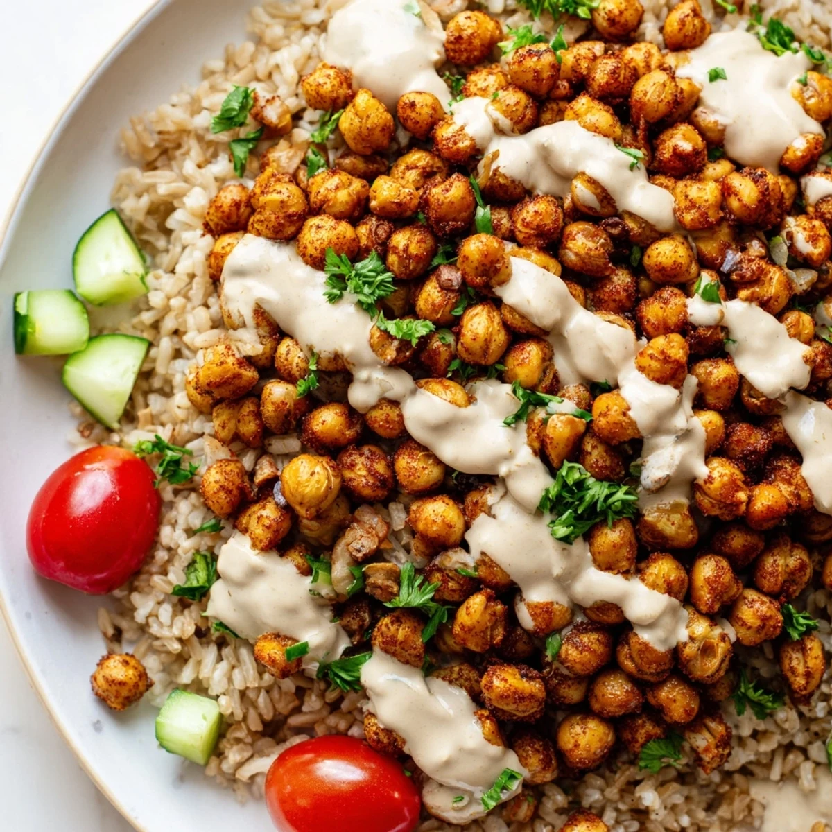 Warm spiced chickpea shawarma bowl served on fluffy rice with tangy pickles and bright herbs