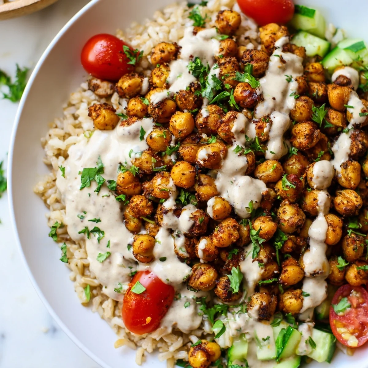 Vibrant chickpea shawarma bowl featuring roasted spiced legumes crisp cucumbers and a smooth lemon tahini drizzle
