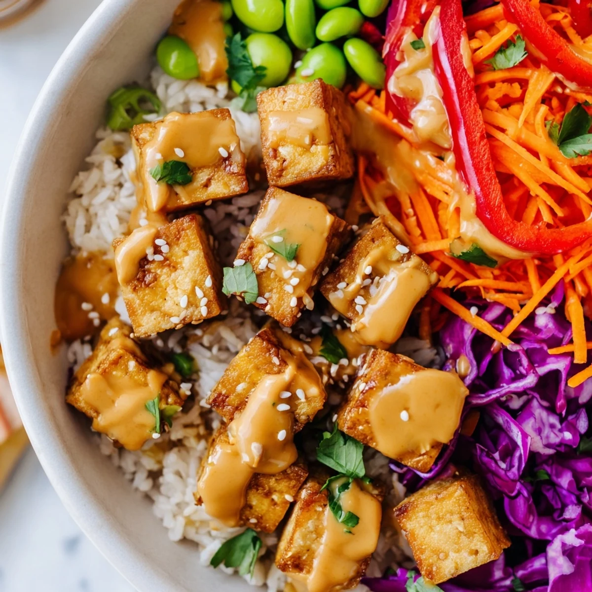 Crispy golden tofu rice bowl with peanut sauce drizzled over fresh vegetables