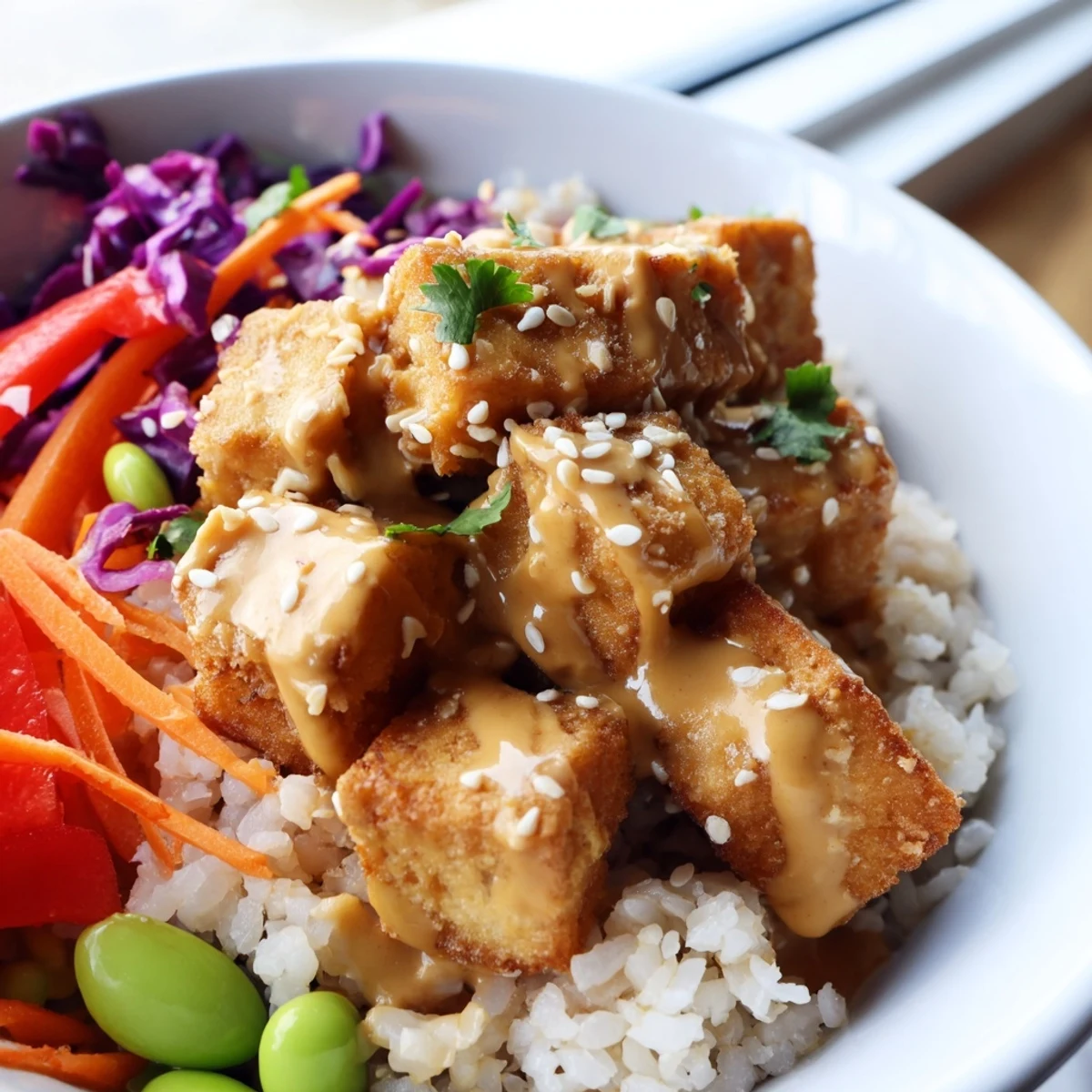 Tofu rice bowl with peanut sauce topped with colorful crunchy julienned vegetables