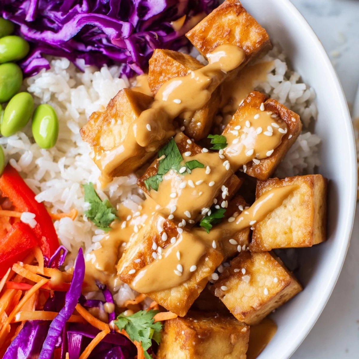 Creamy peanut sauce cascading over a vibrant tofu rice bowl with edamame