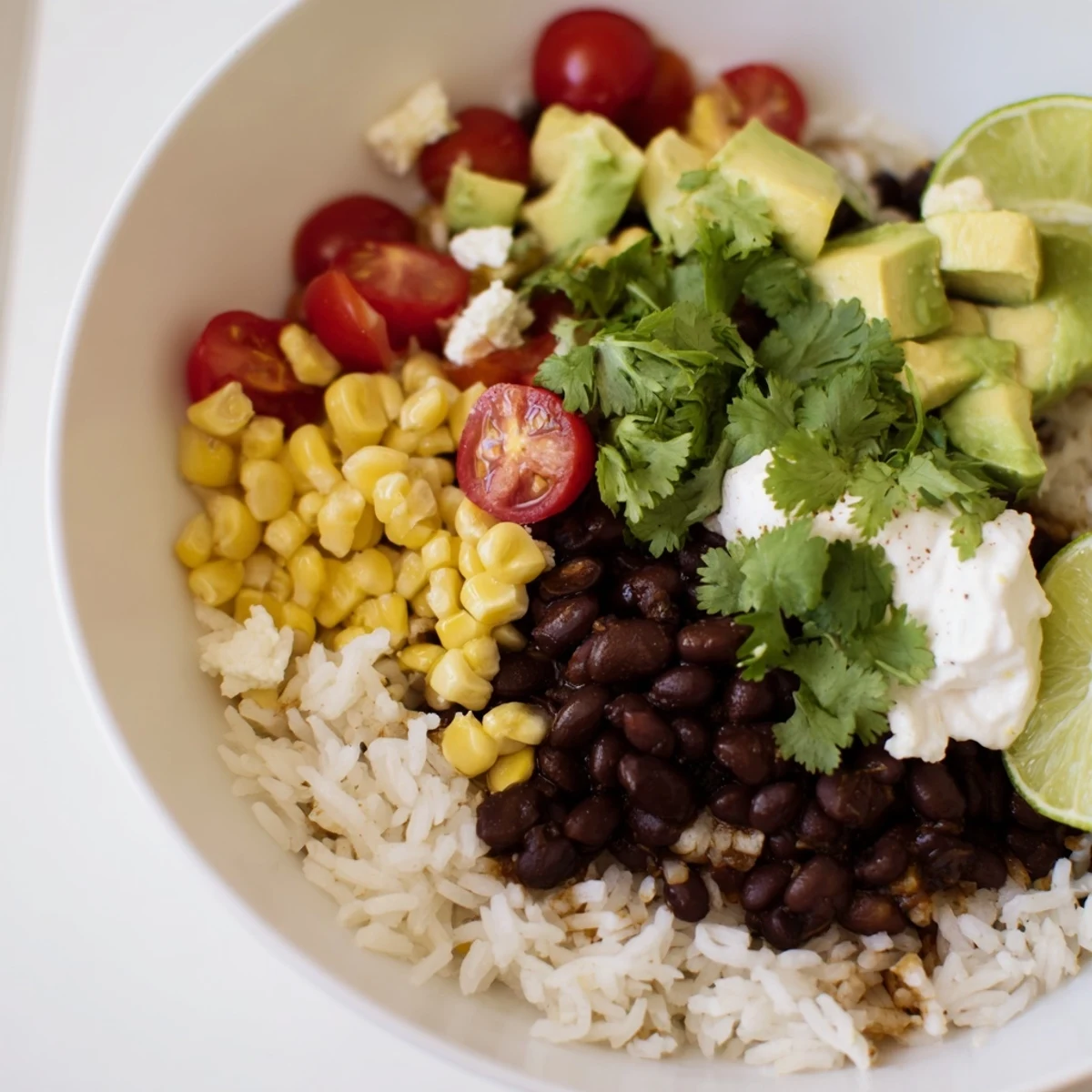 A colorful black bean and rice bowl topped with fresh avocado and cilantro