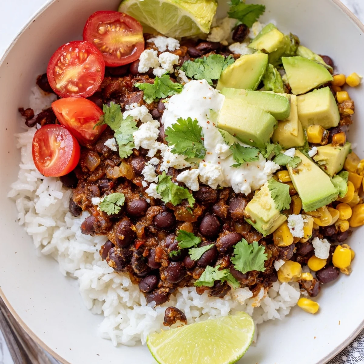 Black bean and rice bowl served with juicy tomatoes, corn, and lime wedges