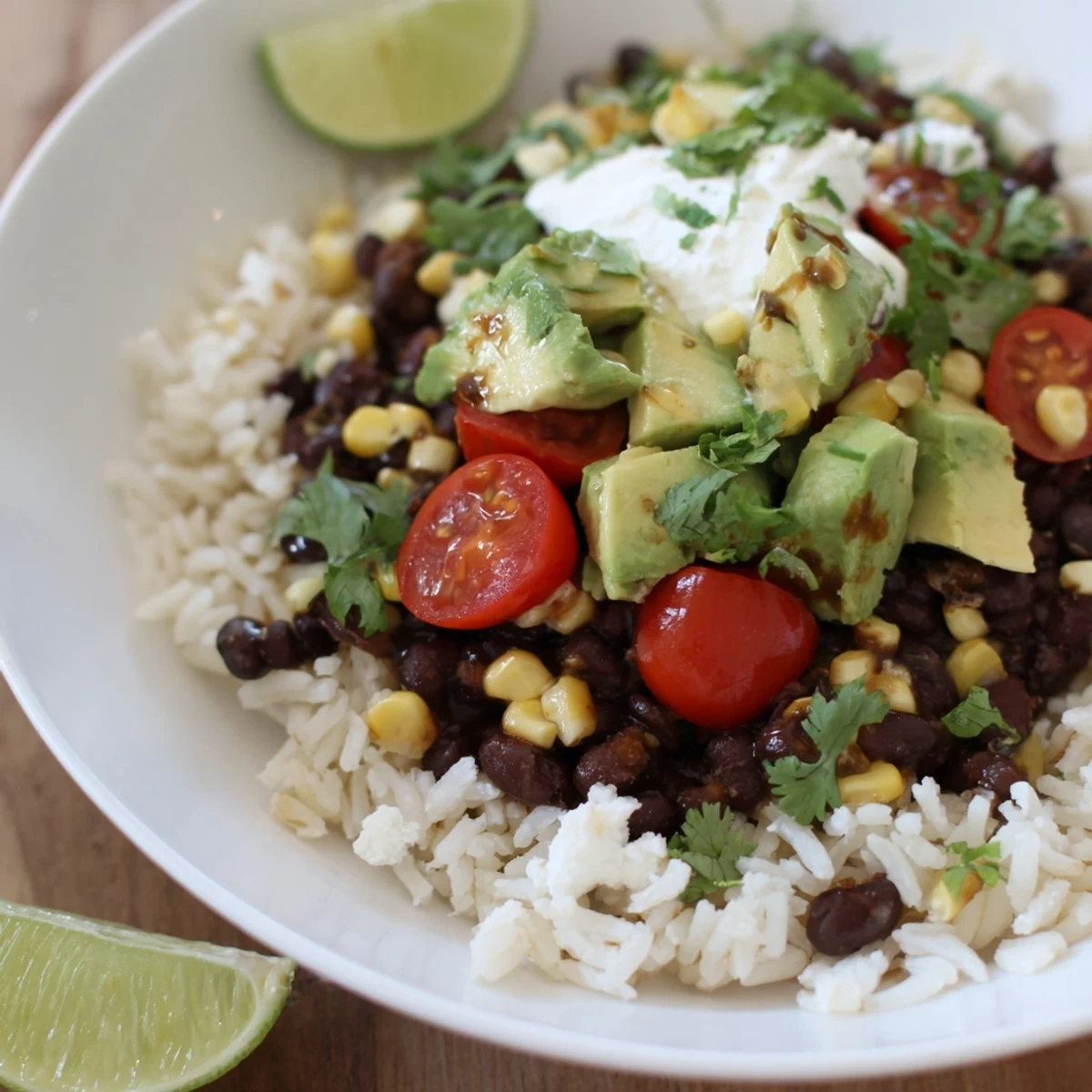Hearty black bean and rice bowl garnished with queso fresco and creamy sour cream