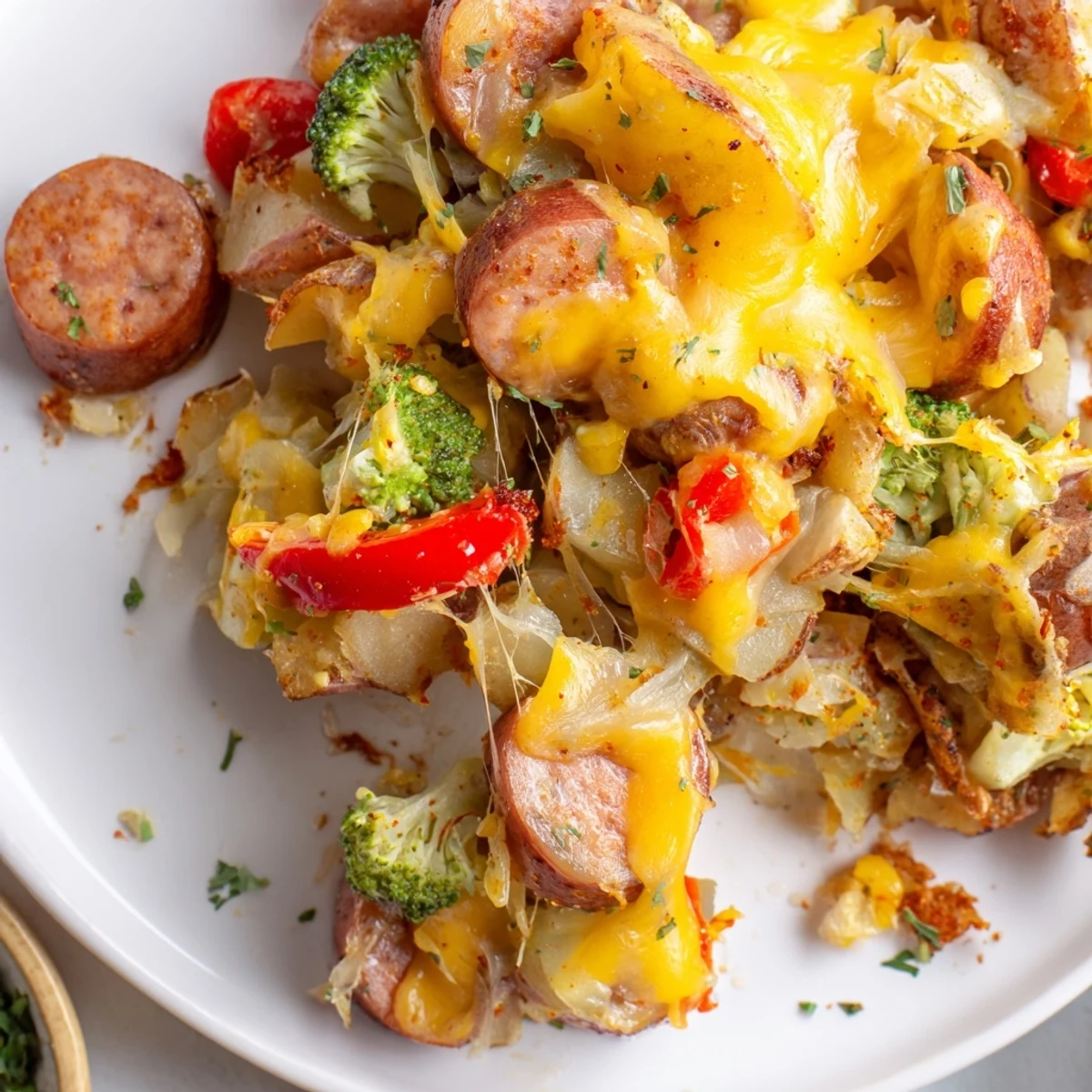Cheesy kielbasa skillet with golden potatoes and melted cheddar in cast iron pan