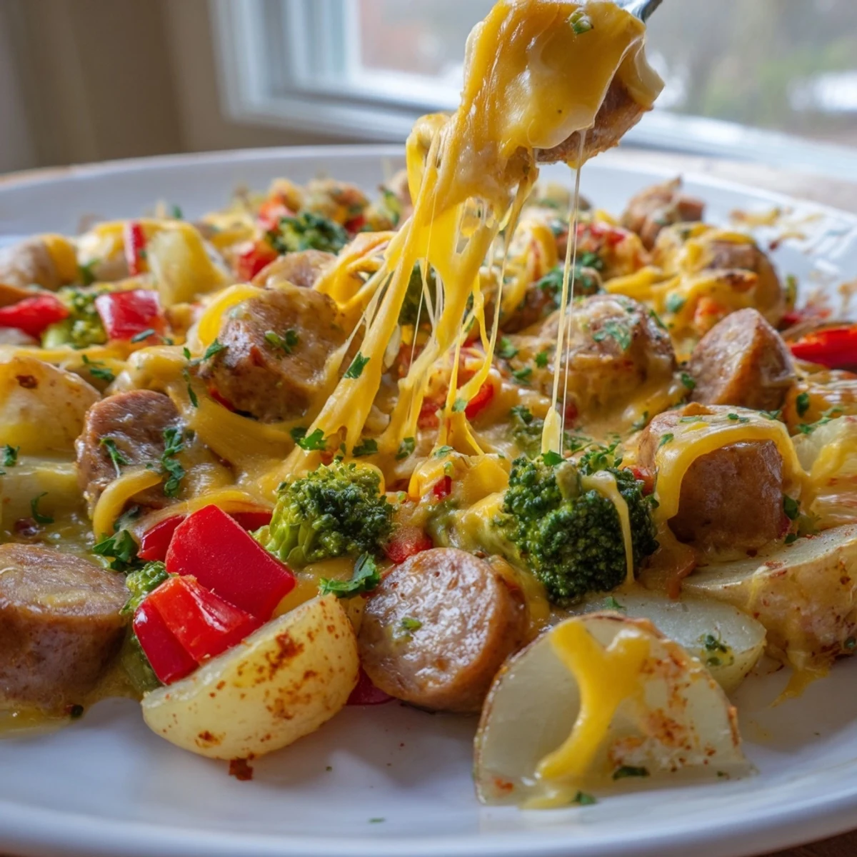 Cheesy kielbasa skillet served steaming hot with colorful bell peppers and fresh parsley