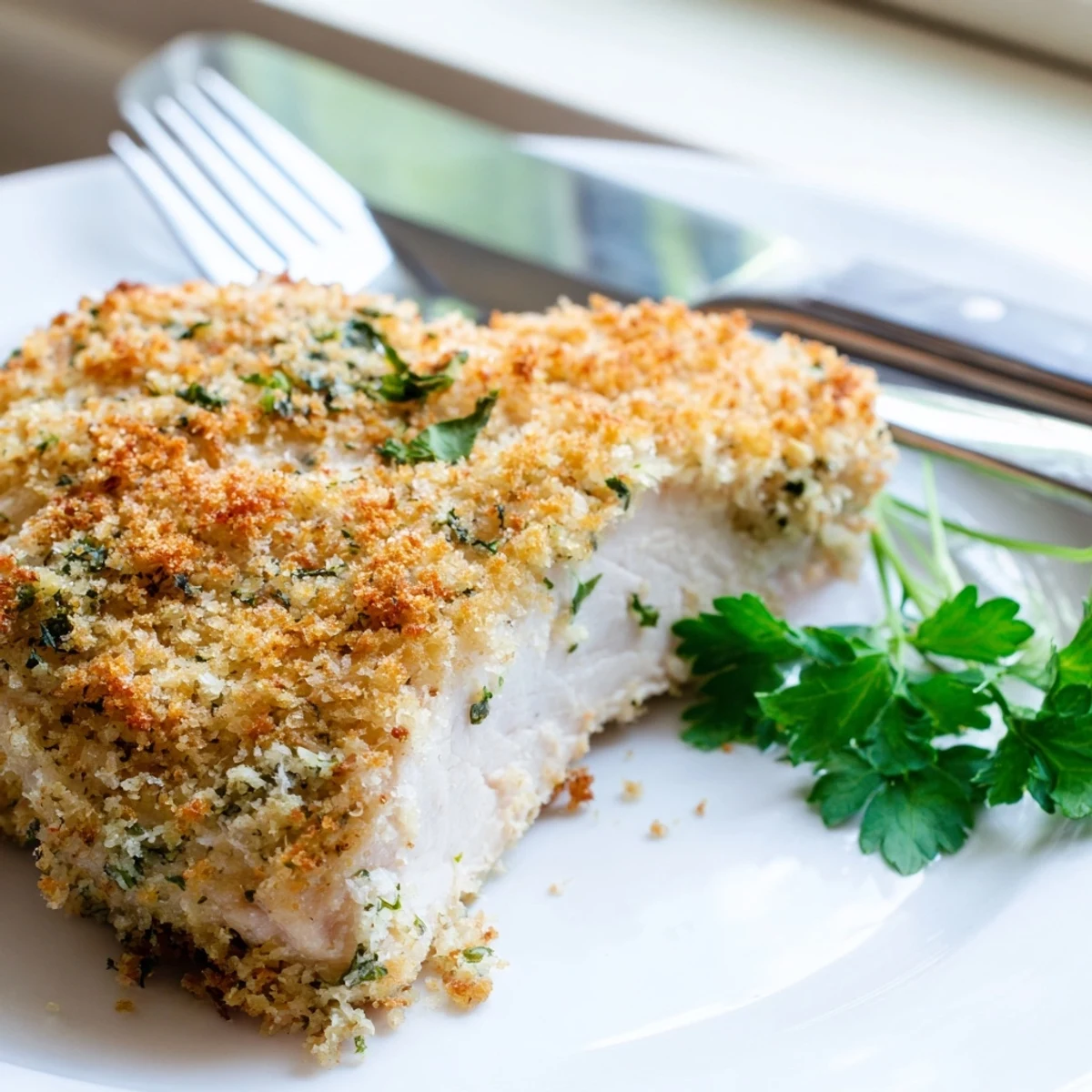 Golden crispy Savory Herbed Parmesan Chicken served fresh from the oven on a rustic plate