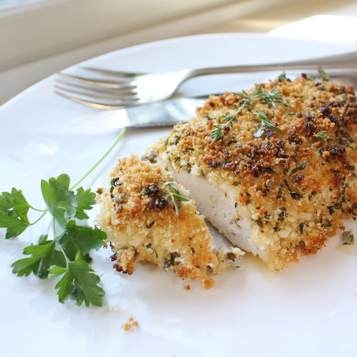 Savory Herbed Parmesan Chicken garnished with fresh parsley and paired with lemon wedges for serving