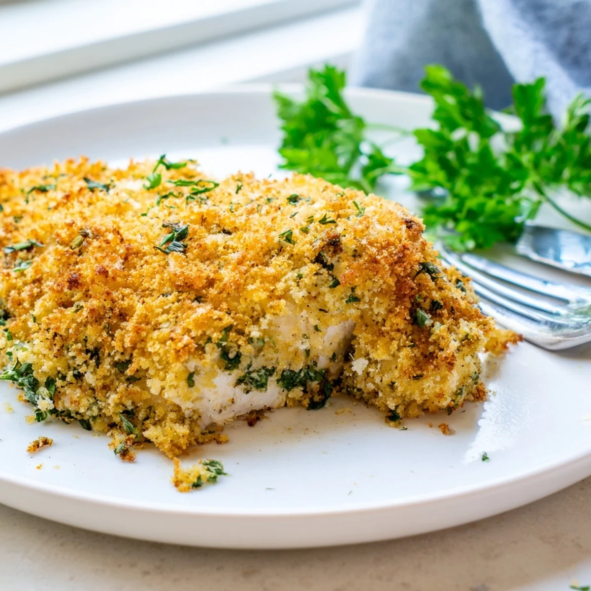 Juicy Savory Herbed Parmesan Chicken sliced open revealing tender meat with a crispy herb crust