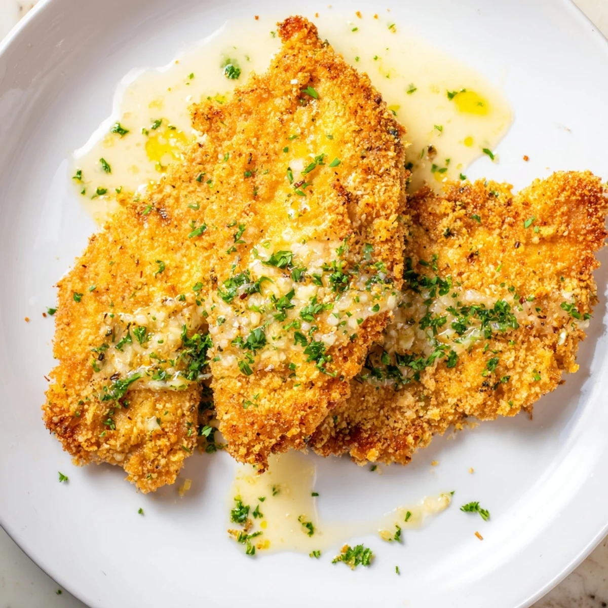 Golden crispy Parmesan chicken smothered in rich, creamy garlic sauce on a white plate