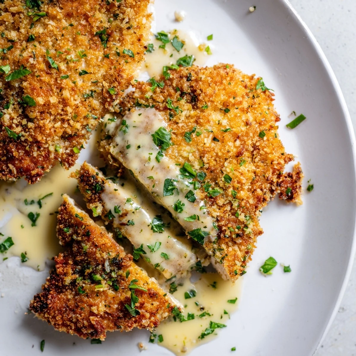 Crispy Parmesan chicken with creamy garlic sauce drizzled over tender golden breaded cutlets