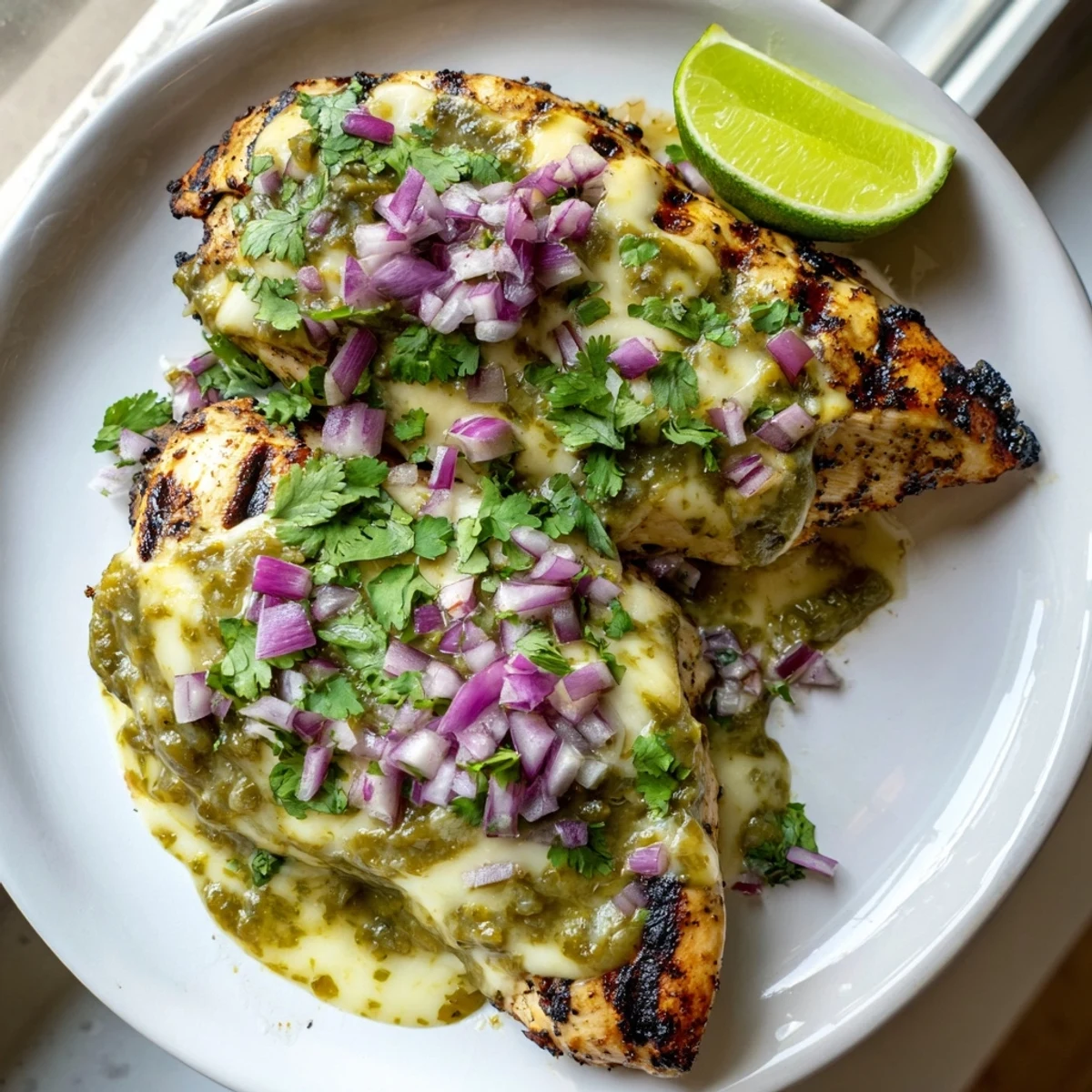 Juicy grilled salsa verde pepper jack chicken with bubbling melted cheese and fresh cilantro garnish