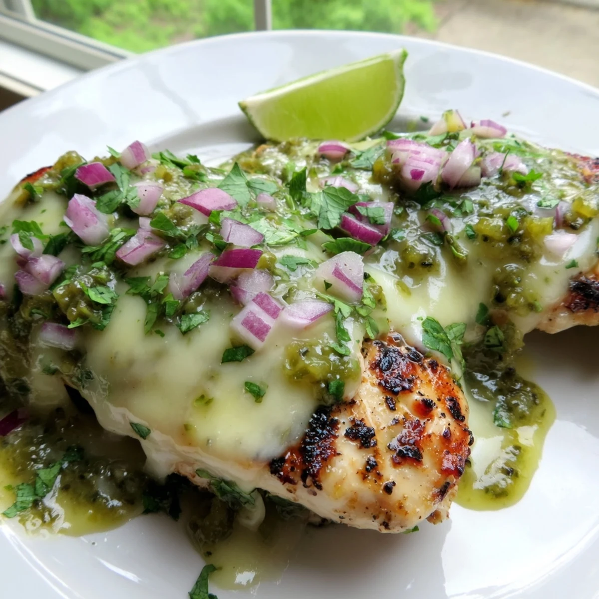 Smoky grilled chicken breast draped in melted pepper jack cheese and vibrant salsa verde