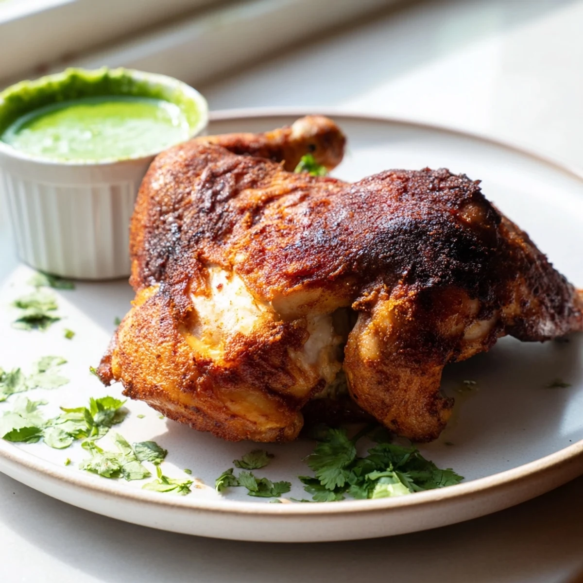 Golden roasted Peruvian Chicken Delight with crispy herb-marinated skin on a rustic platter