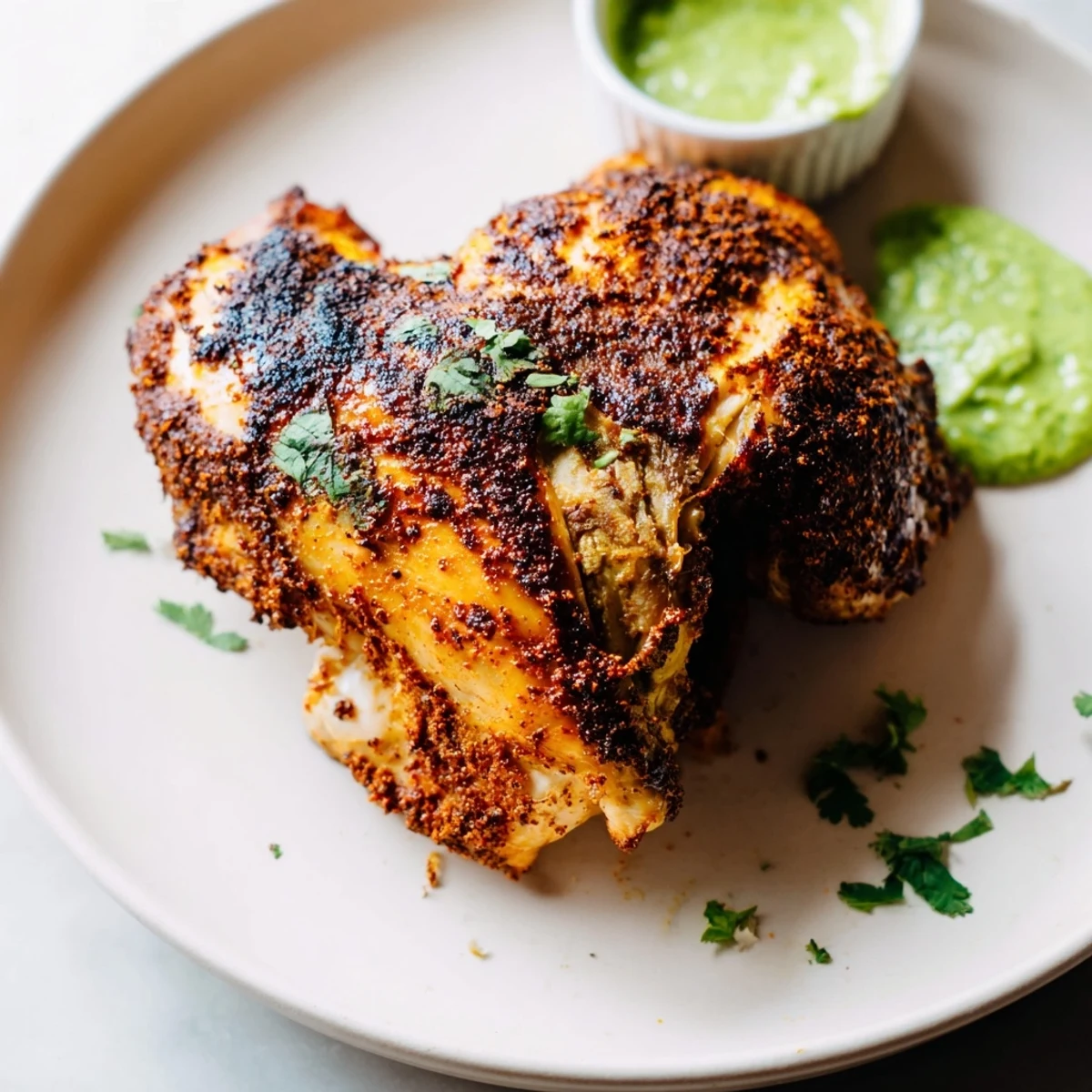 Juicy Peruvian Chicken Delight carved and drizzled with vibrant cilantro green sauce