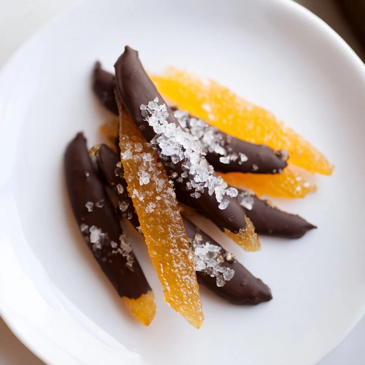 Candied orange peel strips half-dipped in dark chocolate cooling on wire rack