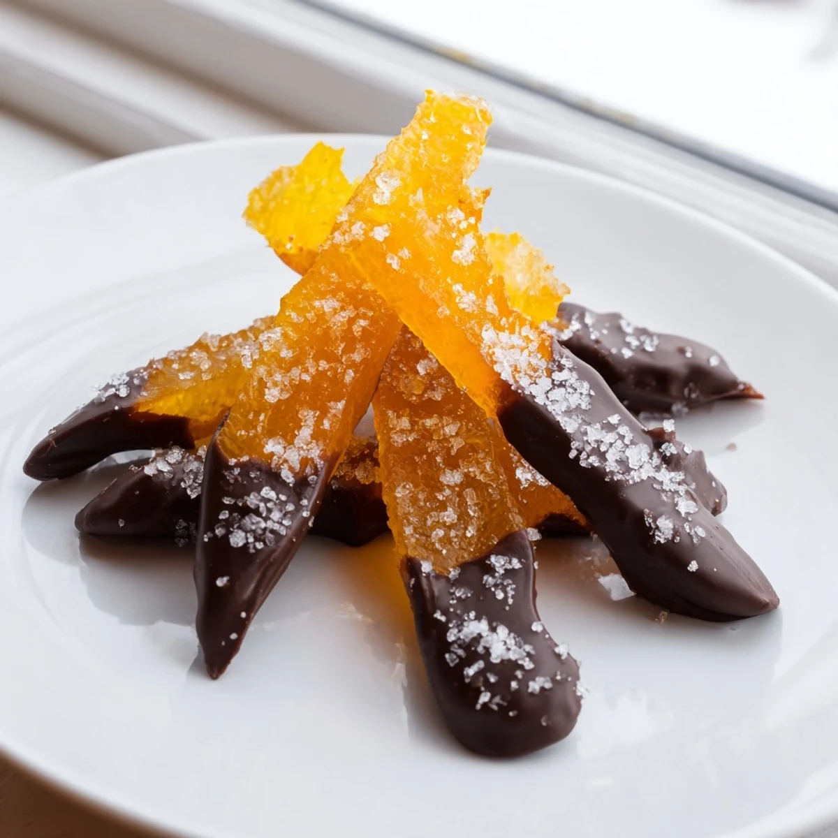 Glistening chocolate covered orange peels arranged on parchment with flaky sea salt
