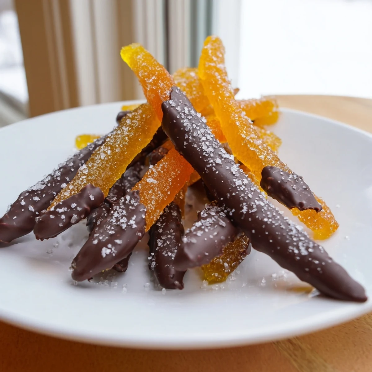 Rich dark chocolate covered orange peels dusted with sea salt ready for gifting