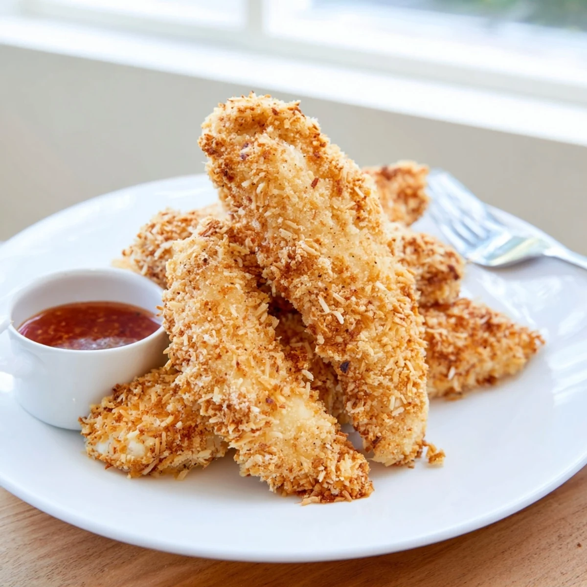 Crispy Crunchy Coconut Chicken fresh from the oven with a tropical golden coconut crust