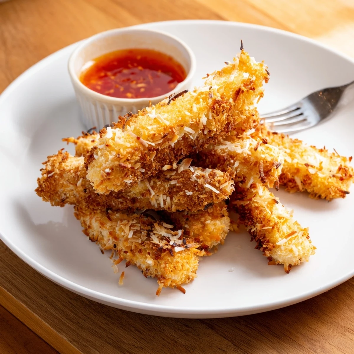 Golden Crunchy Coconut Chicken strips served with sweet chili dipping sauce on a rustic plate