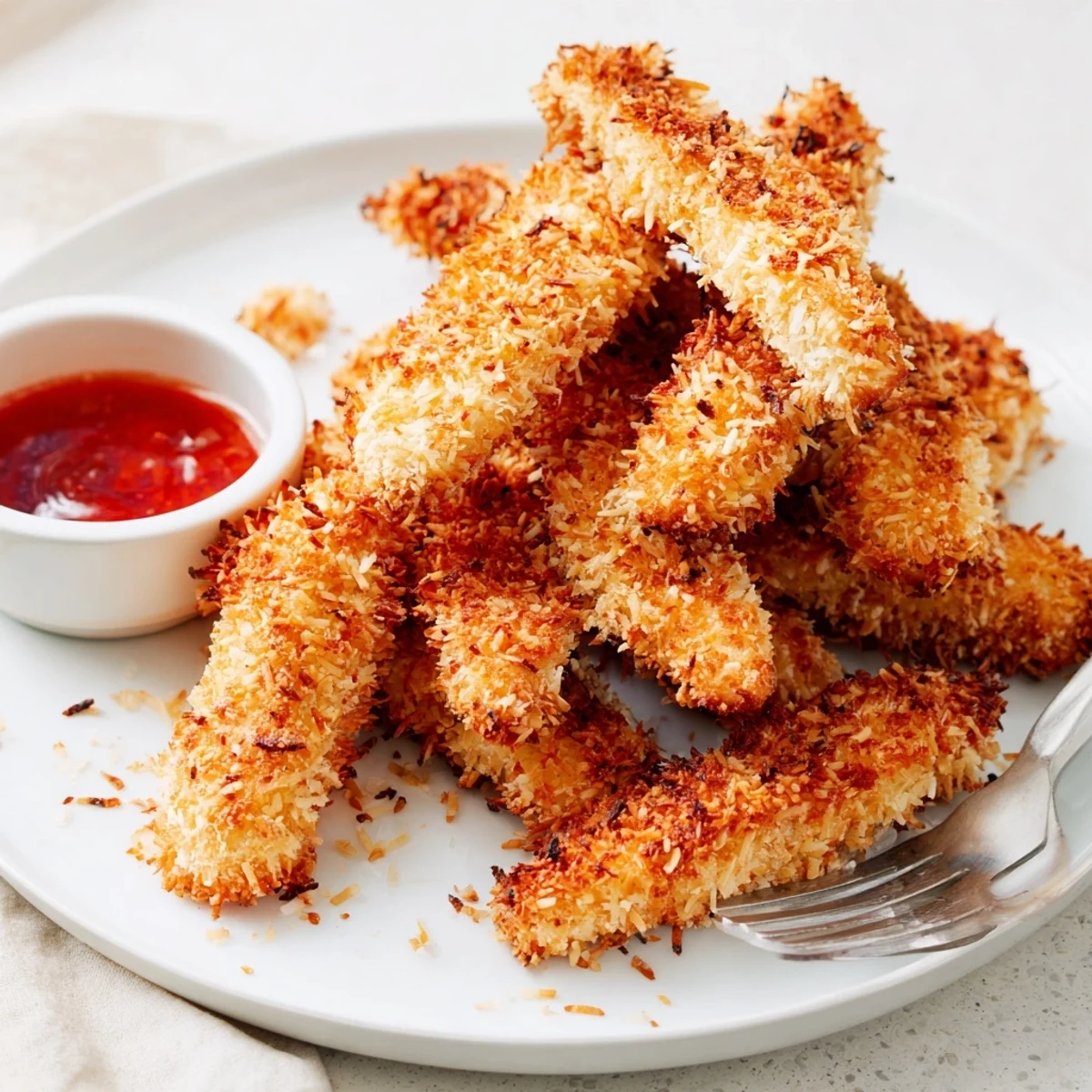 Crunchy Coconut Chicken tenders arranged on a platter beside mango chutney for dipping