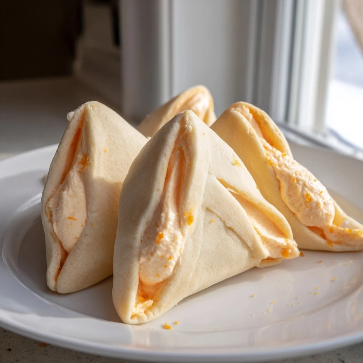 Golden creamsicle hamentaschen fresh from the oven with creamy orange filling