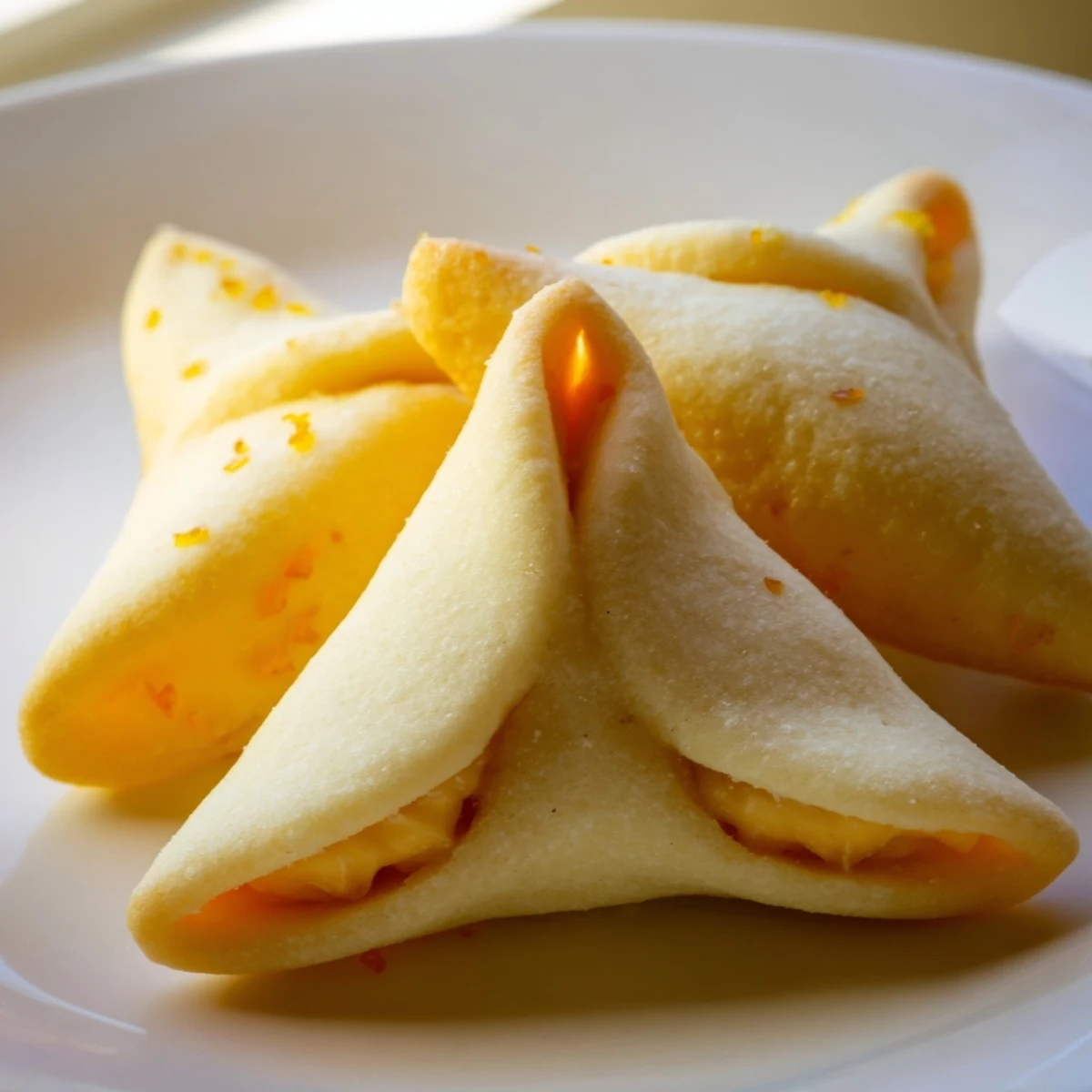 Creamsicle hamentaschen arranged on a parchment-lined sheet dusted with powdered sugar