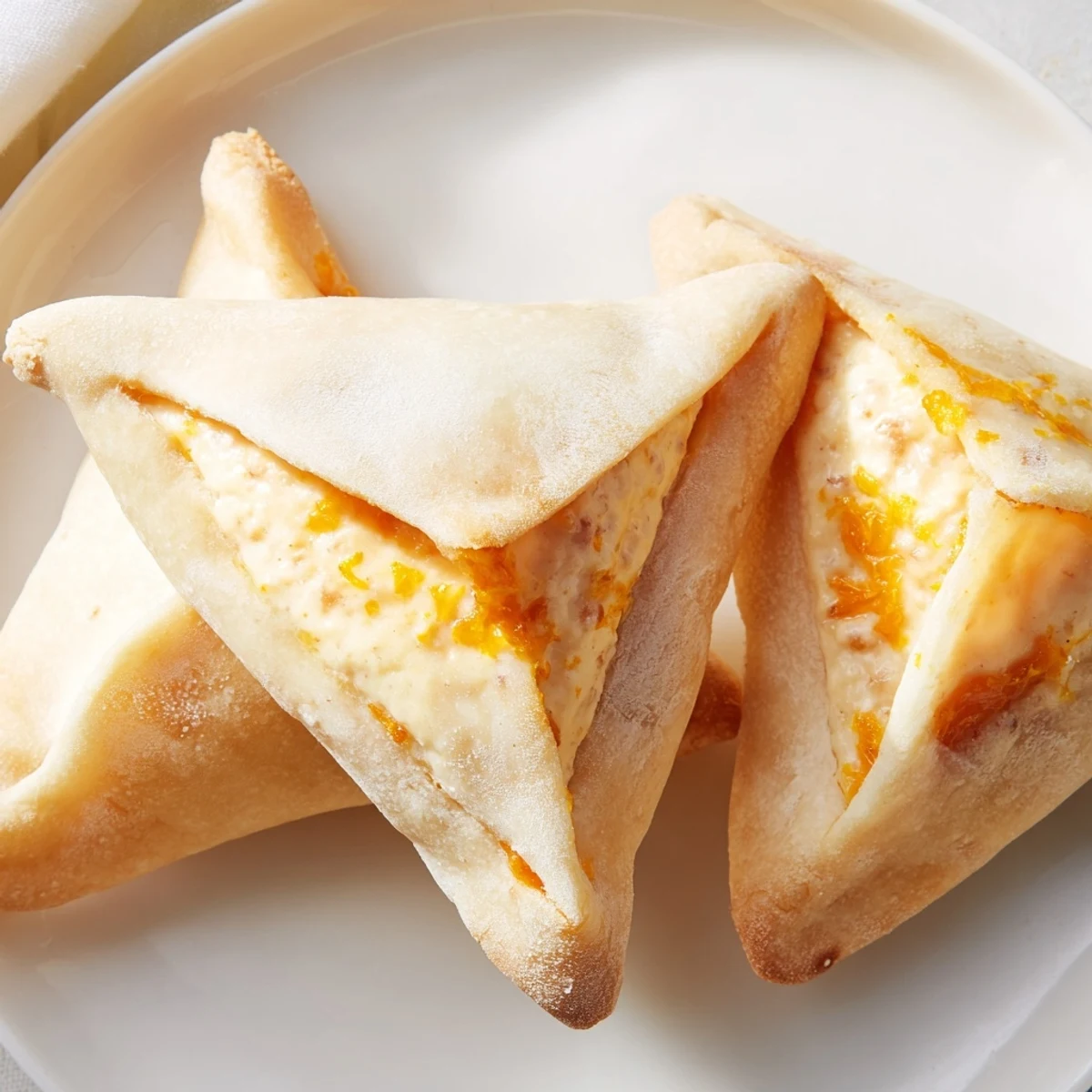 Triangular creamsicle hamentaschen showcasing bright citrus filling inside tender vanilla cookie dough