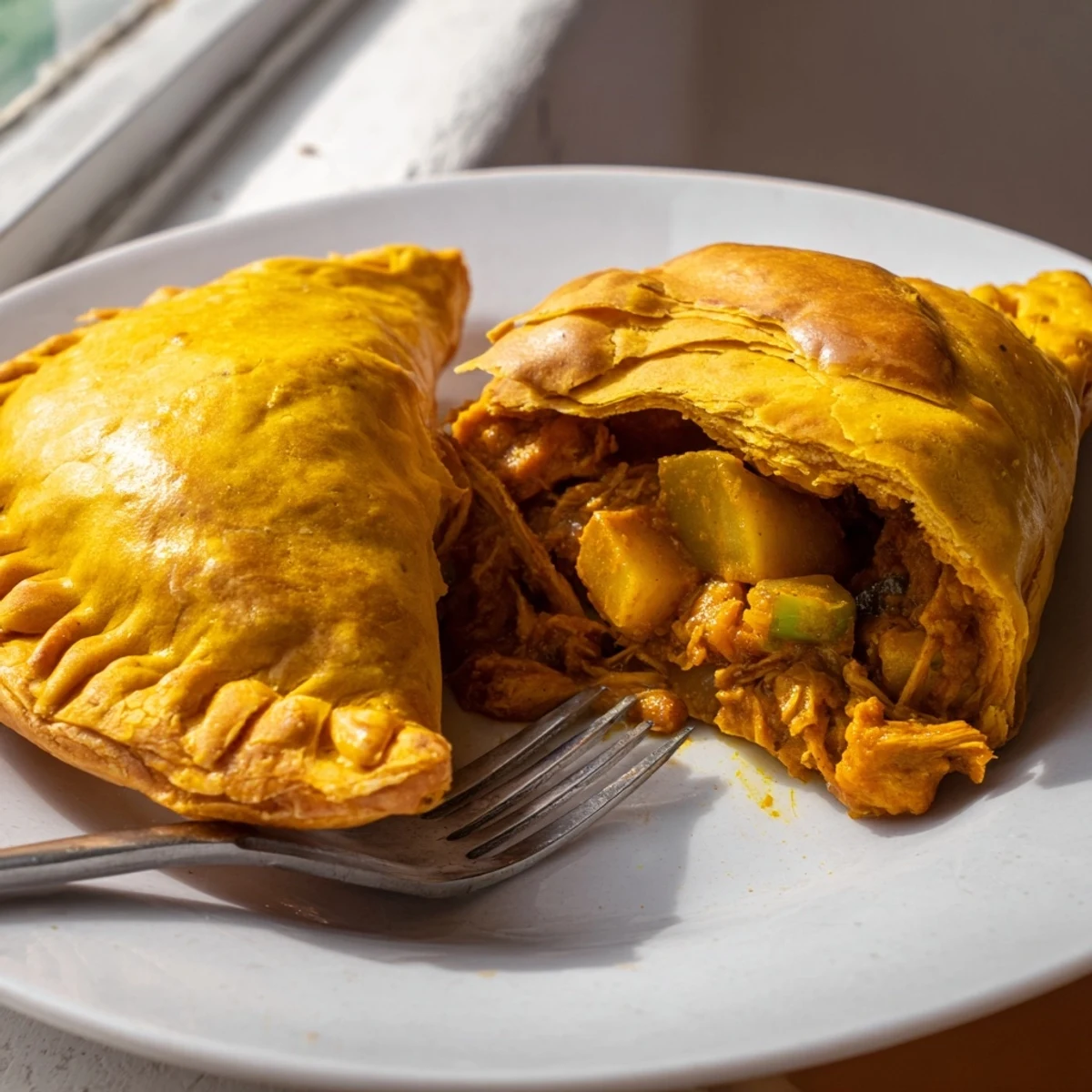 Golden Jamaican curry chicken patties with flaky turmeric pastry on a rustic baking sheet
