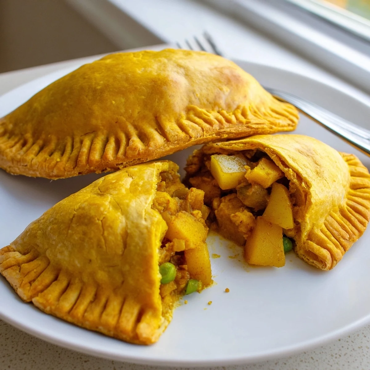 Steaming Jamaican curry chicken patties with blistered golden crust served alongside mango chutney