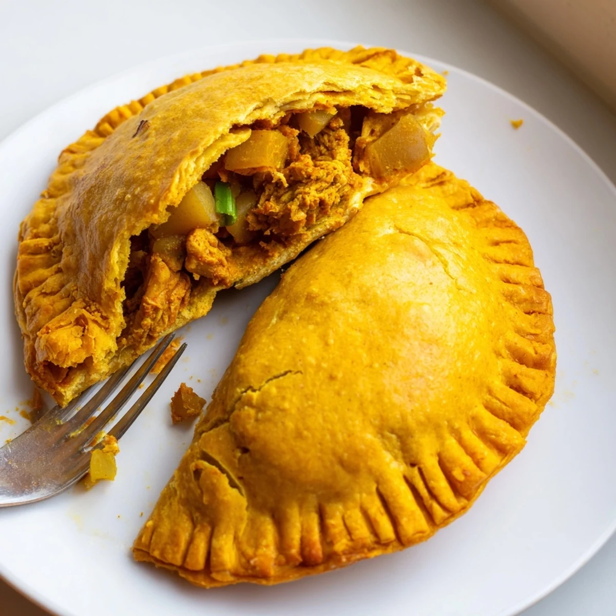 Crispy half-moon Jamaican curry chicken patties oozing savory spiced filling fresh from the oven