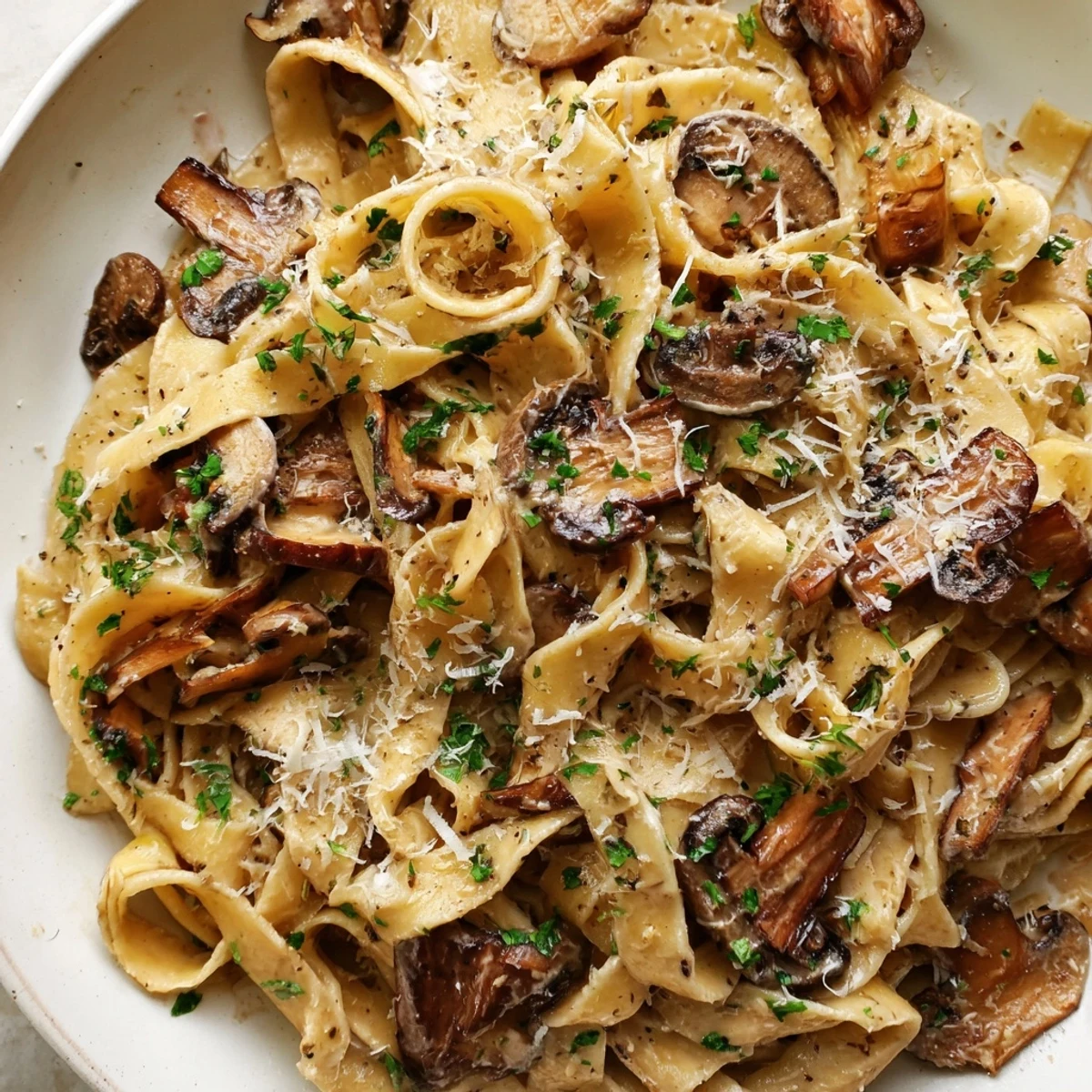 Creamy brown butter mushroom pasta topped with golden sautéed mushrooms and fresh parsley